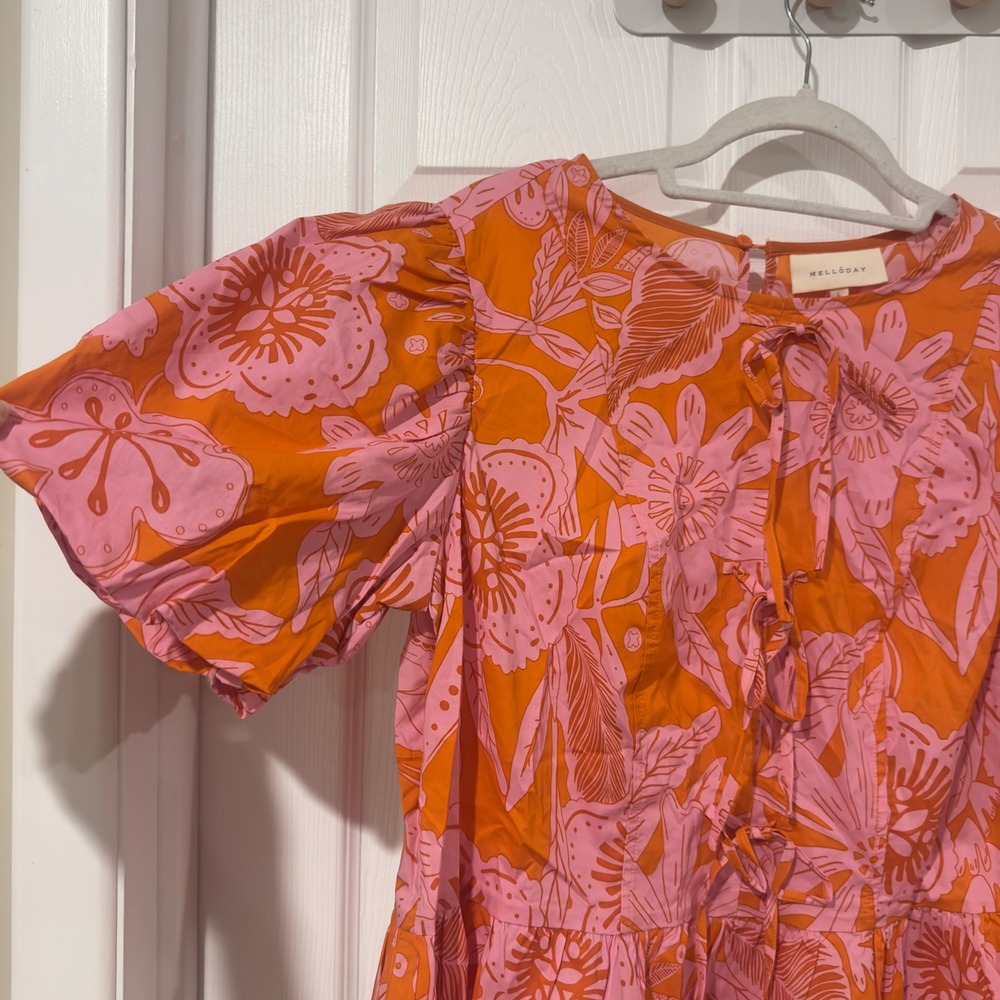 Melloday Womens Pink Orange Floral Puff Sleeve Peplum Tie Front Blouse Large - Picture 2 of 7